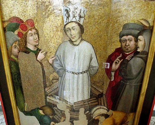 Zpodobení Mistra Jana Husa na mimořádně cenné historické a umělecké památce - dvou křídlech z pozdně gotického oltáře z kostela sv. Václava v Roudníkách na Ústecku.