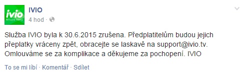 Sdělení o ukončení provozu na facebookových stránkách.