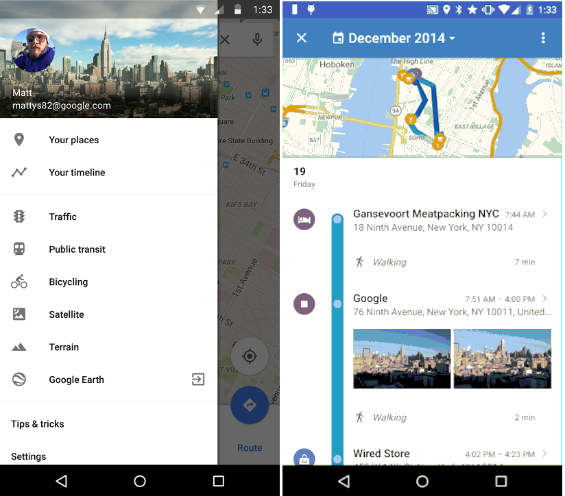 Náhled Your Timeline v aplikaci Google Maps.