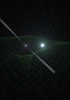 Pulsar obíhající bílého trpaslíka. Síťovité linie znázorňují tvar časoprostoru ohnutého gravitací hvězd.