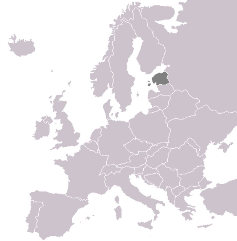 Mapa Evropy s vyznačením Estonska.