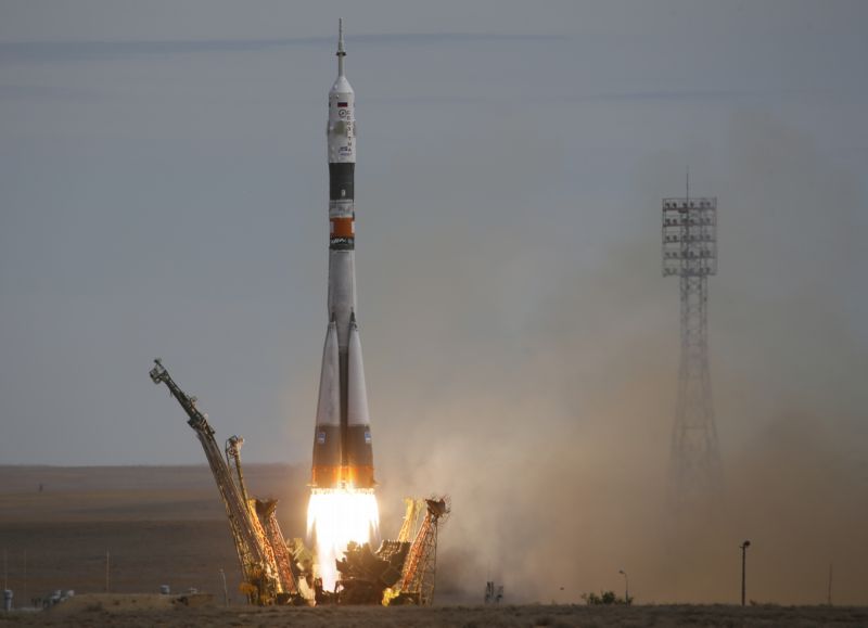 Sojuz TMA-18M při startu. Odváží novou posádku na vesmírnou stanici ISS.