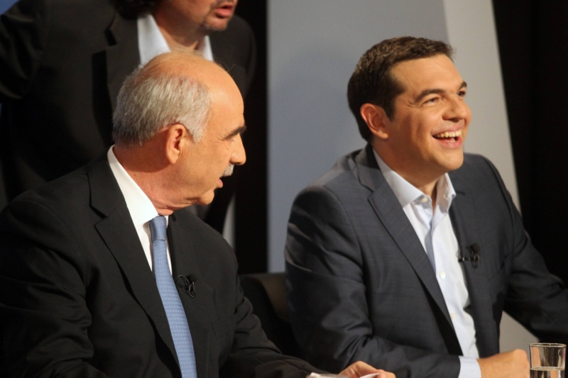 Vangelis Meimarakis z kozervativní Nové demokracie a Alexis Tsipras z radikální levicové strany SYRIZA. Vangelis Meimarakis z kozervativní Nové demokracie a Alexis Tsipras z radikální levicové strany SYRIZA.