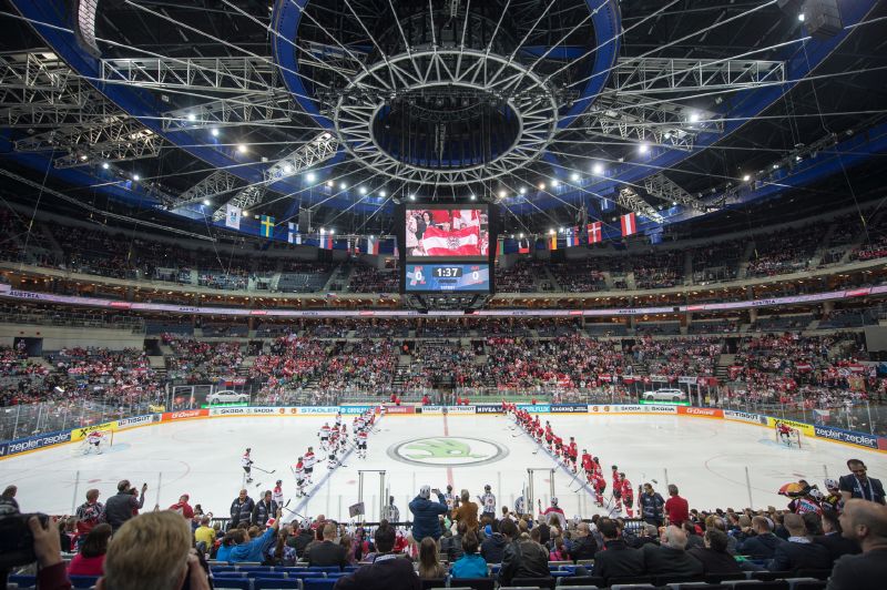 O2 Arena při mistrovství světa v ledním hokeji.