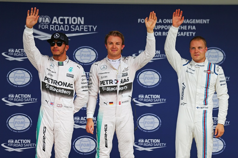 Zleva Lewis Hamilton, Nico Rosberg (oba Mercedes) a Valtteri Bottas (Williams).