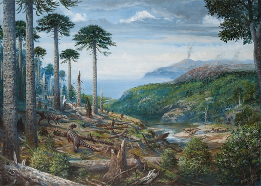Antarktický křídový les s dinosaury, souvrství Hidden Lake. Svrchní křída, cca 88 milionů let.