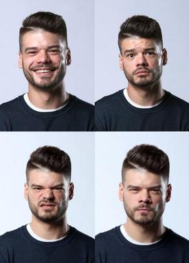 Jan Ženatý předvádí výrazy tváře (zleva, shora): radost, smutek, znechucení a hněv.