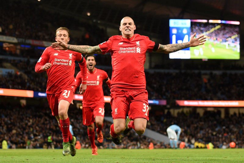 Hráči Liverpoolu slaví gól v utkání proti Manchesteru City.
