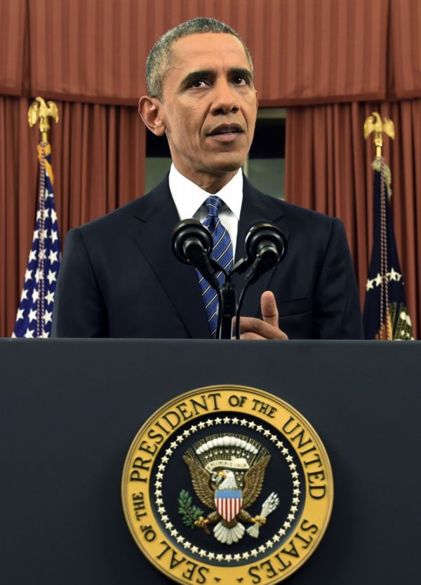 Americký prezident Barack Obama při projevu z Oválné pracovny v Bílém domě ve Washingtonu.