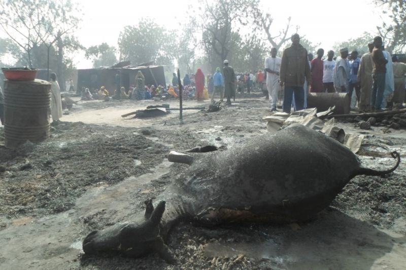 Vyhořelé domy po útoku Boko Haram v nigerské obci Daroli. Vyhořelé domy po útoku Boko Haram v nigerské obci Daroli.