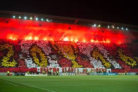 Fanoušci Slavie a jejich choreo.