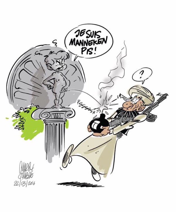 Já jsem Manneken Pis, hlásí chlapec z jiného satirického obrázku jako variaci na Je Suis Charlie po útocích na satirický časopis Chaerlie Hebdo.