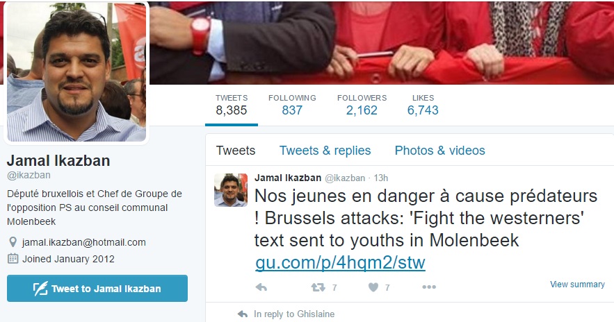 Tweet poslance parlamentu bruselského regionu Jamala Ikazbana.