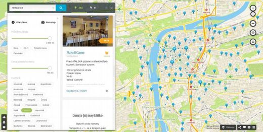 Mapka s italskými restauracemi v Praze.