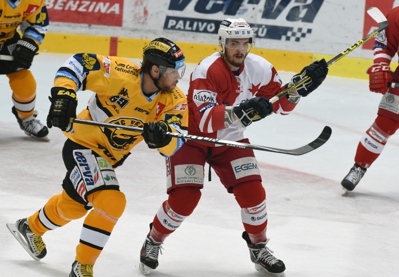 Souboj hokejistů Litvínova a Slavie.