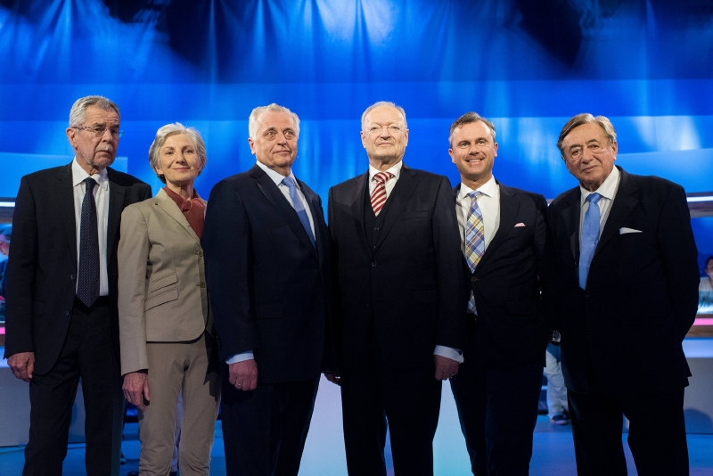 Kandidáti na rakouského prezidenta: zleva Van der Bellen, Grissová, Hundstorfer, Khol, Hofer, Lugner.