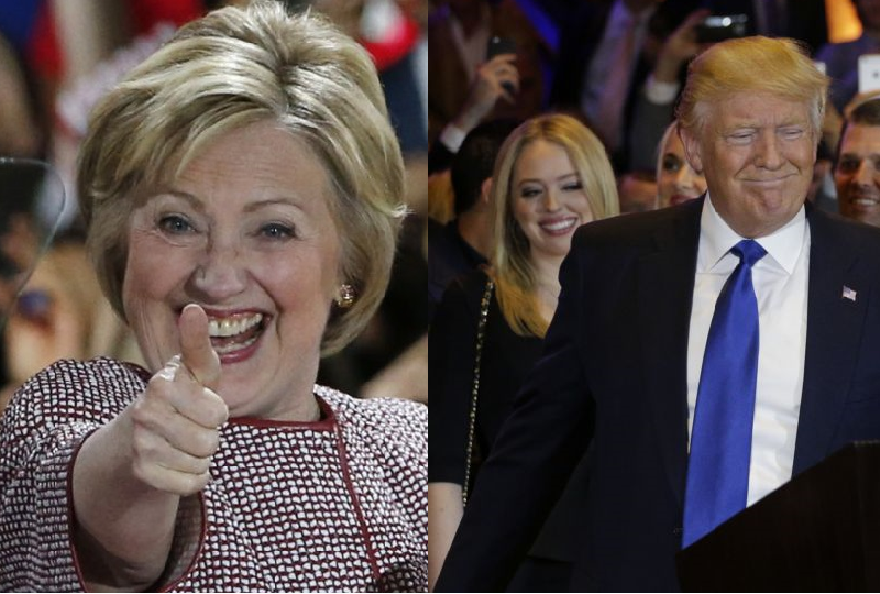 Radost z vítězství obou favoritů, Hillary Clintonové (vlevo) a Donalda Trumpa.