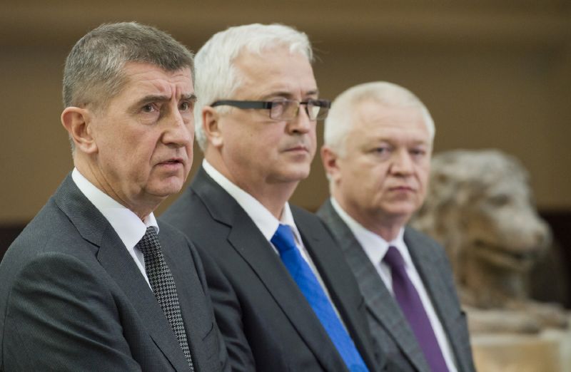 Zleva ministr financí a předseda hnutí ANO Andrej Babiš, místopředseda Jan Volný a první místopředseda Jaroslav Faltýnek.