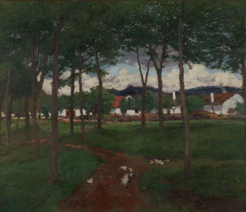 Obraz Antonína Slavíčka Náves v Kraskově z roku 1906 (olej, plátno).