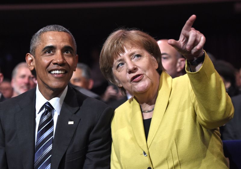 Americký prezident Barack Obama na návštěvě v Německu s kancléřkou Angelou Merkelovou.