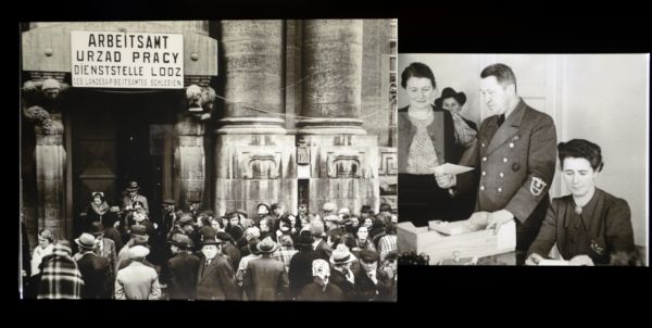 Fotografie na výstavě, která zachycuje nucené práce za dob války. 