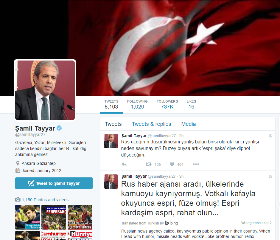 Twitterový účet tureckého politika Samila Tayyara. Twitterový účet tureckého politika Samila Tayyara.