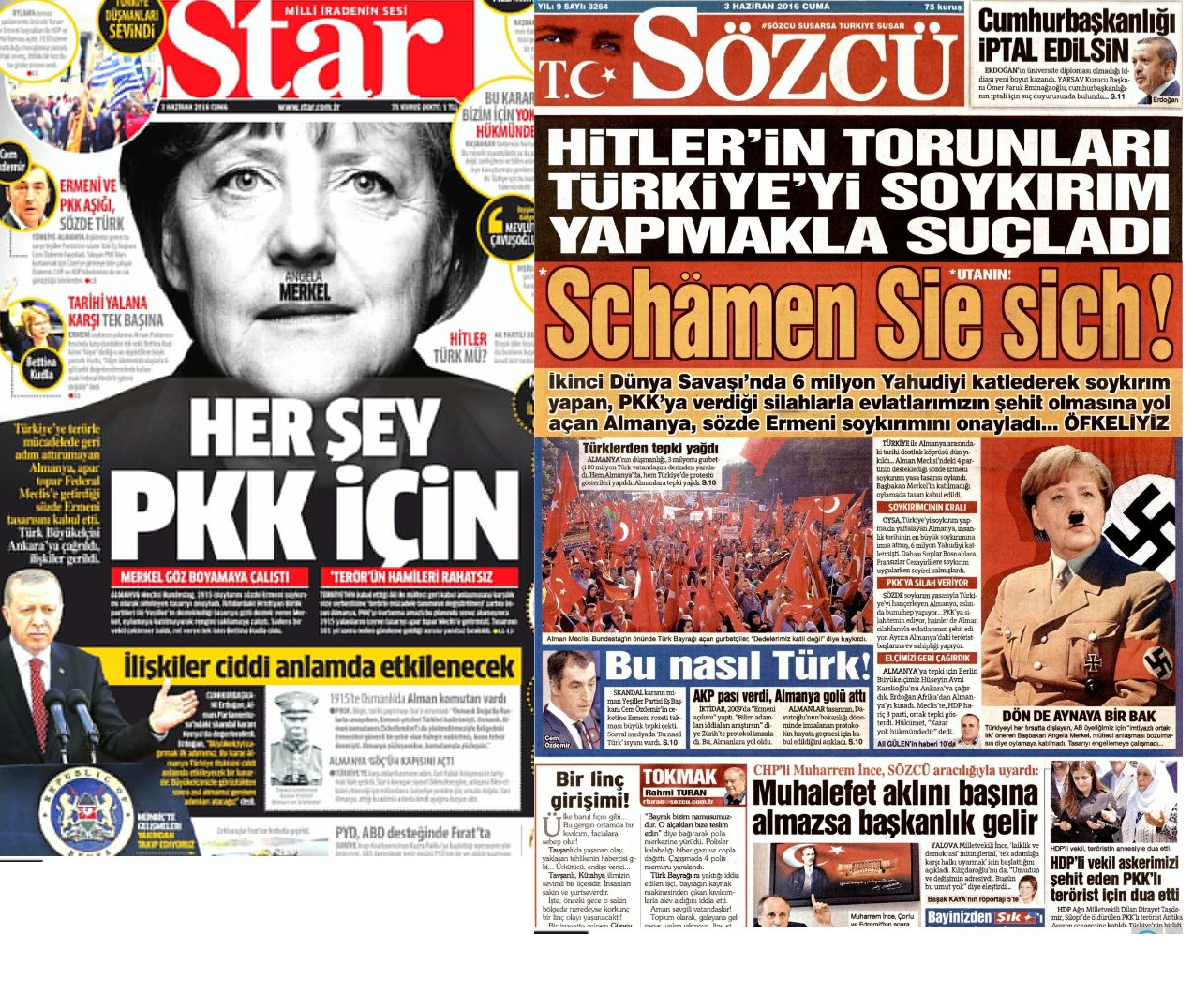 Odplata za uznání genocidy Arménů: Turecký provládní i protivládní tisk přirovnává Angelu Merkelovou k nacistickému vůdci Adolfu Hitlerovi. Odplata za uznání genocidy Arménů: Turecký provládní i protivládní tisk přirovnává Angelu Merkelovou k nacistickému vůdci Adolfu Hitlerovi.