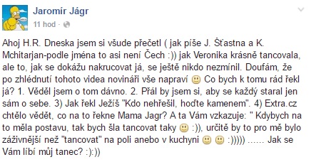 Vzkaz Jarolíra Jágra na Facebooku.