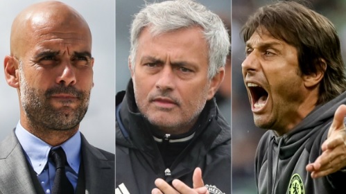 Pep Guardiola, José Mourinho a Diego Conte (zleva).