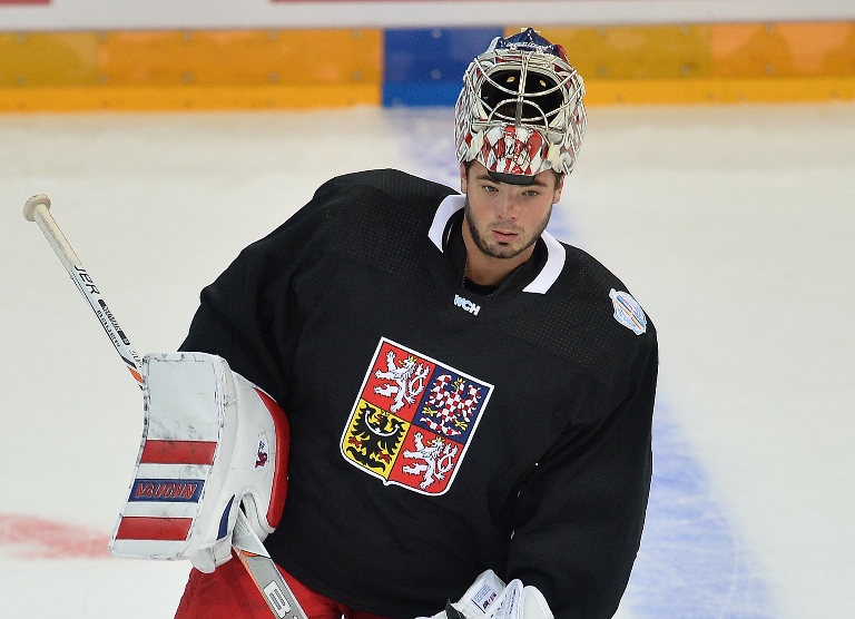 Michal Neuvirth si zachytá v zápase proti Výběru Severní Ameriky, s Mrázkem se vystřídají.