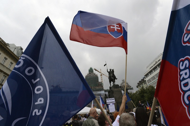 Na demonstraci v horní části náměstí vlály různé vlajky. 