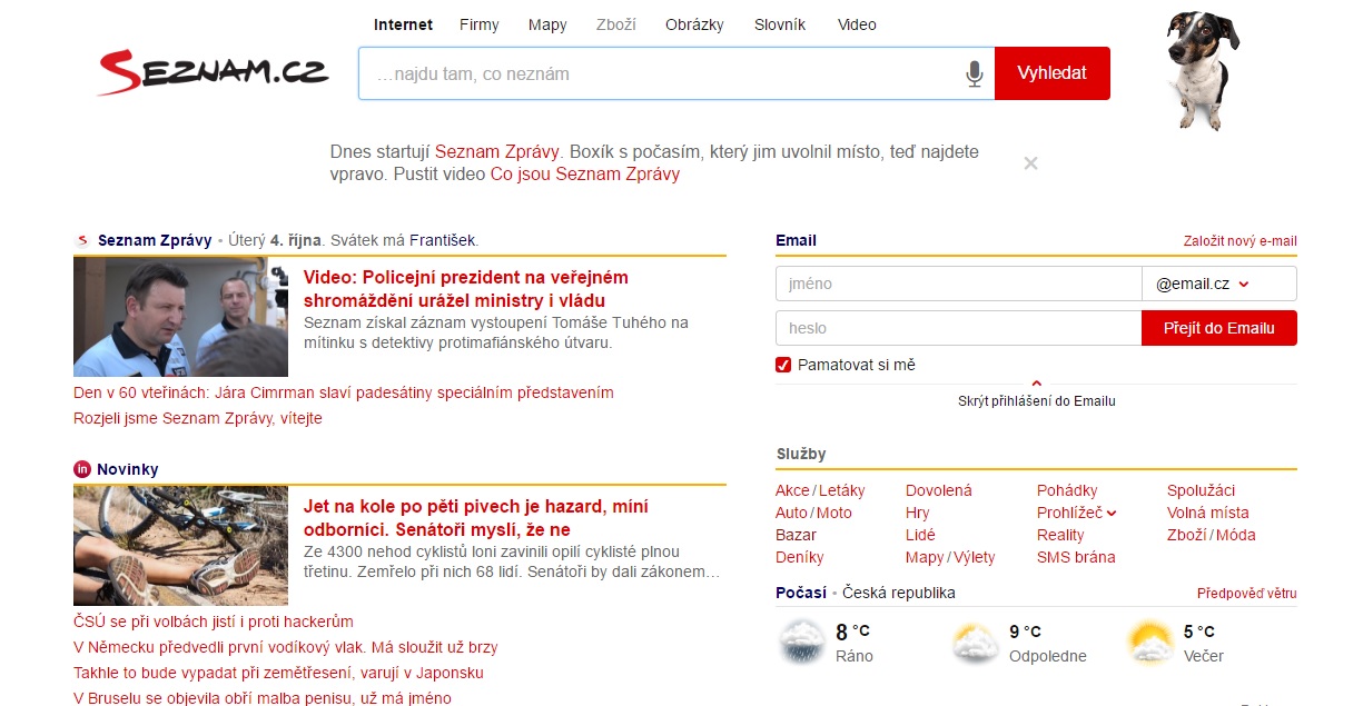 Domovská stránka portálu Seznam.cz.