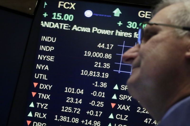 Newyorská burza, na snímku je vidět Dow Jonesův index, který překročil hranici 19 tisíc bodů.