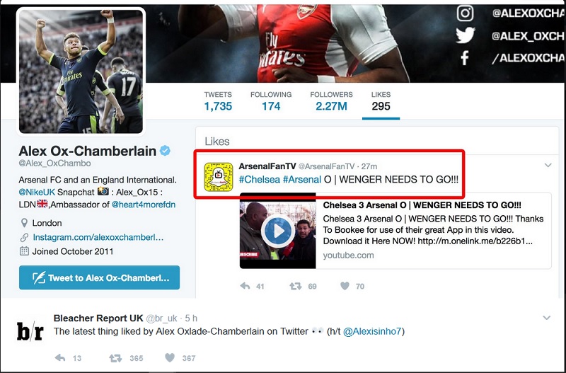 Příspěvek zveřejněný na oficiálním twitterovém účtě Alexe Oxlada-Chamerlaina.