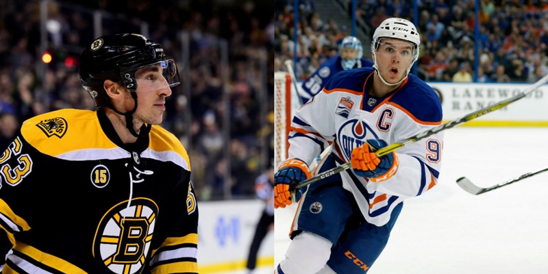 Produktivitu zatím vede Connor McDavid (vpravo), jedním z hráčů, kteří jej ještě mohou ohrozit je ale i bostonský Brad Marchand (vlevo).
