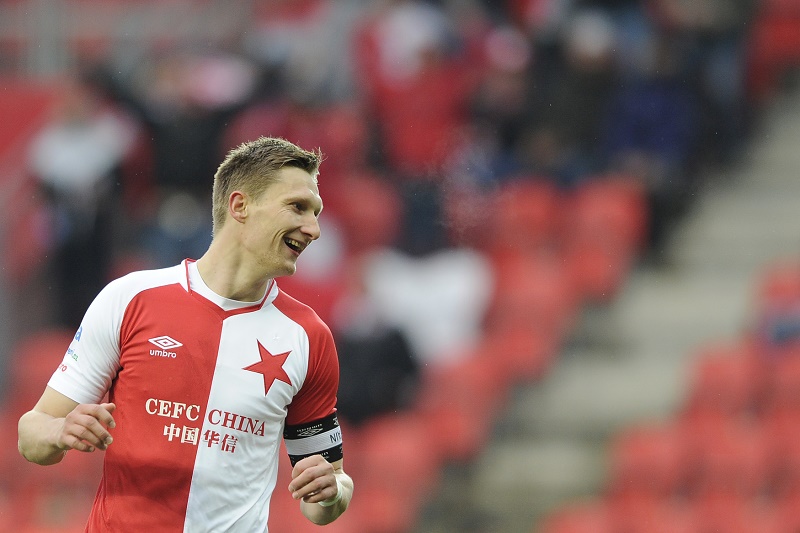 Útočník fotbalové Slavie Milan Škoda se raduje z gólu proti Hradci