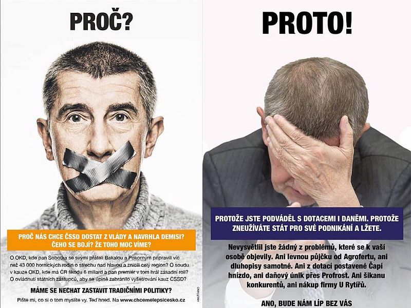 Vlevo je inzerce Andreje Babiše, vpravo zamýšlená odpověď.
