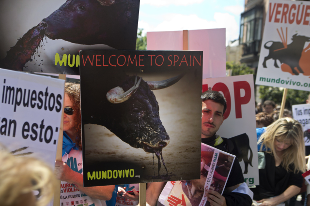 Protestující s transparenty během sobotní demonstrace v Madridu.