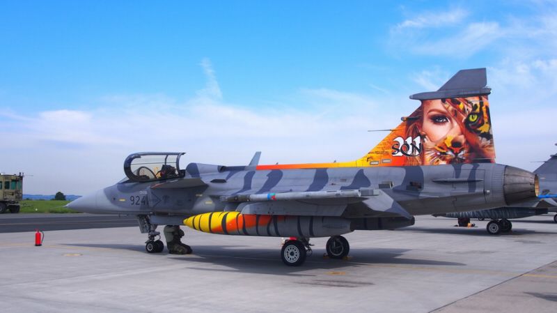 Gripen Wildcat s částečně překrytou tváří modelky Simony Krainové stylizované do podoby tygřice.