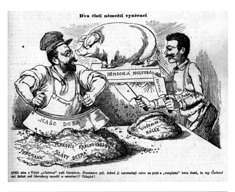 Dobová karikatura T. G. Masaryka (vlevo) a J. S. Machara.