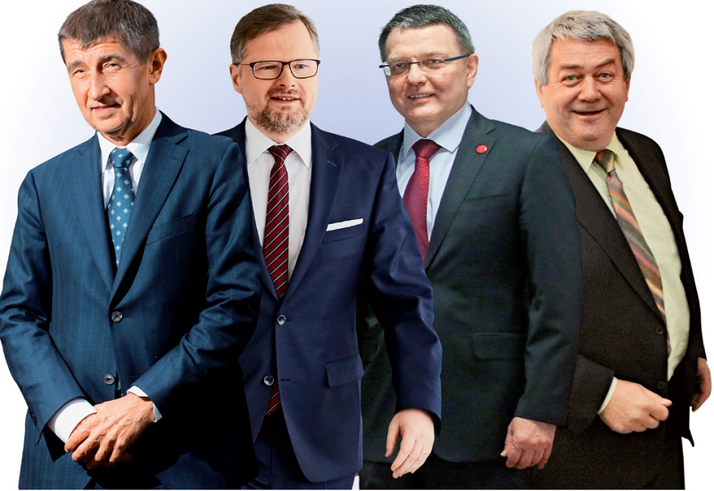 Předsedové vládních stran Andrej Babiš, Petr Fiala, Lubomír Zaorálek a Vojtěch Filip.