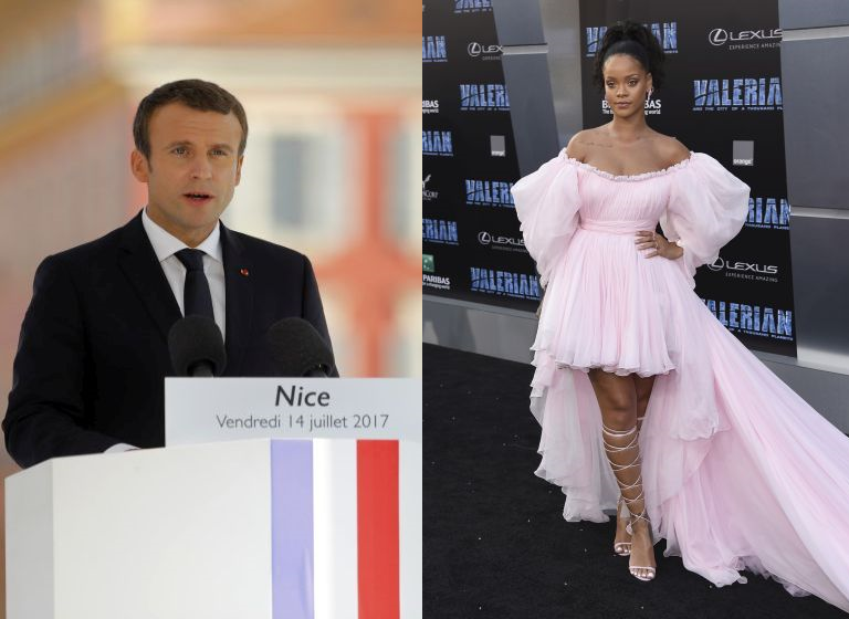 Prezident Emanuel Macron a zpěvačka Rihanna.