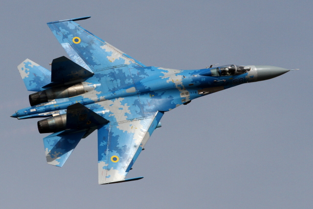 Na snímku stíhací letoun SU-27 z Ukrajiny. Na snímku stíhací letoun SU-27 z Ukrajiny.