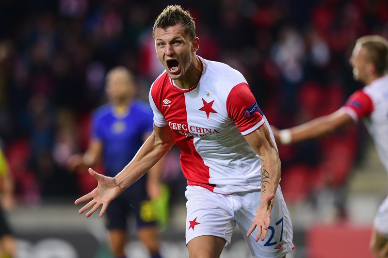 Fotbalista Tomáš Necid a jeho radost ze vstřelené branky proti týmu Maccabi Tel Aviv v Evropské lize.