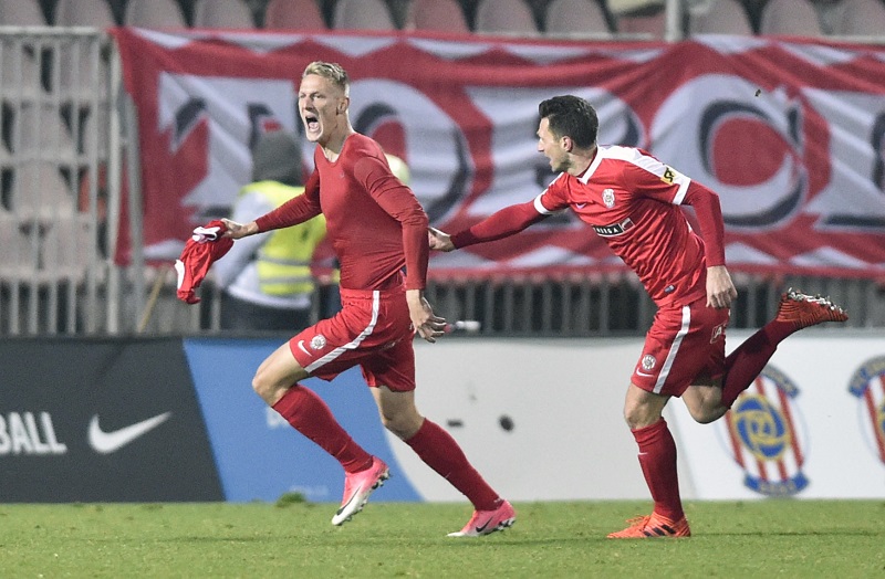 Brněnský fotbalista Michal Škoda se raduje z gólu do sítě Teplic ve čtrnáctém kole první ligy.