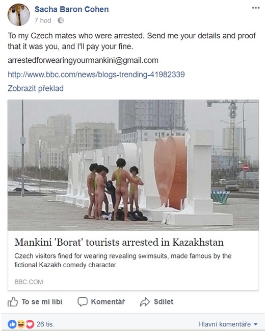 Britský herec Cohen na Facebooku nabídl, že pokutu za Čechy zaplatí. 