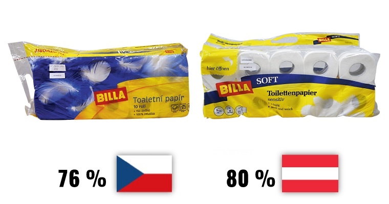 Srovnání českého a rakouského toaletního papíru obchodního řetezce Billa.