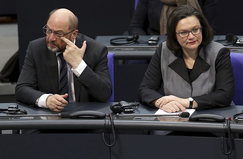 Předseda německé sociální demokracie Martin Schulz a šéfka parlamentní frakce strany Andrea Nahlesová.
