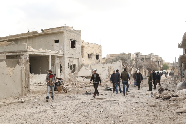 Poškozené budovy po bombardování Ruskem a Asadovým režimem v Sýrii, provincii Idlib.