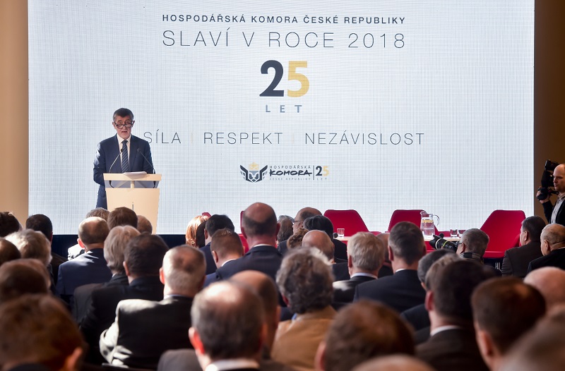 Premiér v demisi Andrej Babiš vystoupil 19. března 2018 v Praze na oslavách 25 let Hospodářské komory ČR.